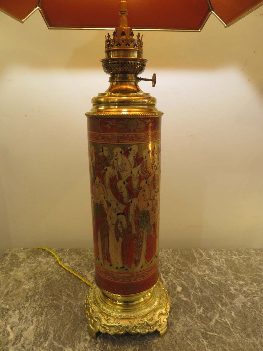 Vase rouleau montée en lampe , en porcelaine du Japon , socle en bronze doré, XIX ème-photo-5