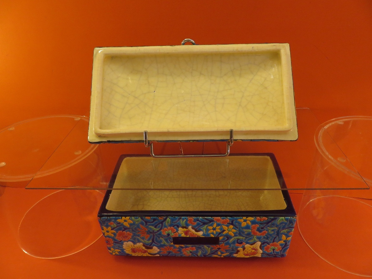 Boite à biscuits d'époque Art Déco en émaux de Longwy ( tampon aux dix croix de Lorraine )-photo-3