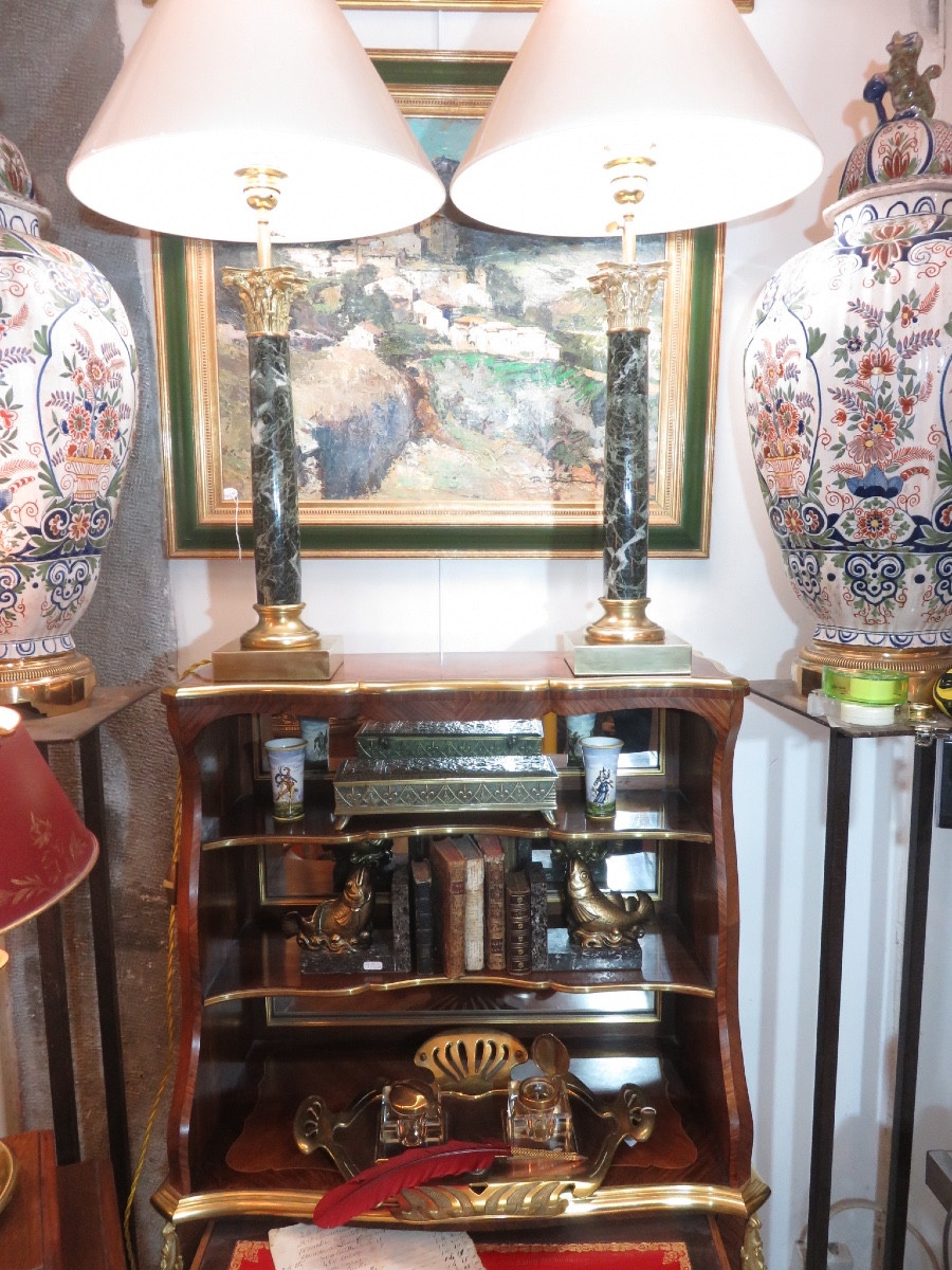 Pair Of Lamps: Cylindrical Marble Column, Bronze Corinthian Capital, Brass Base-photo-2