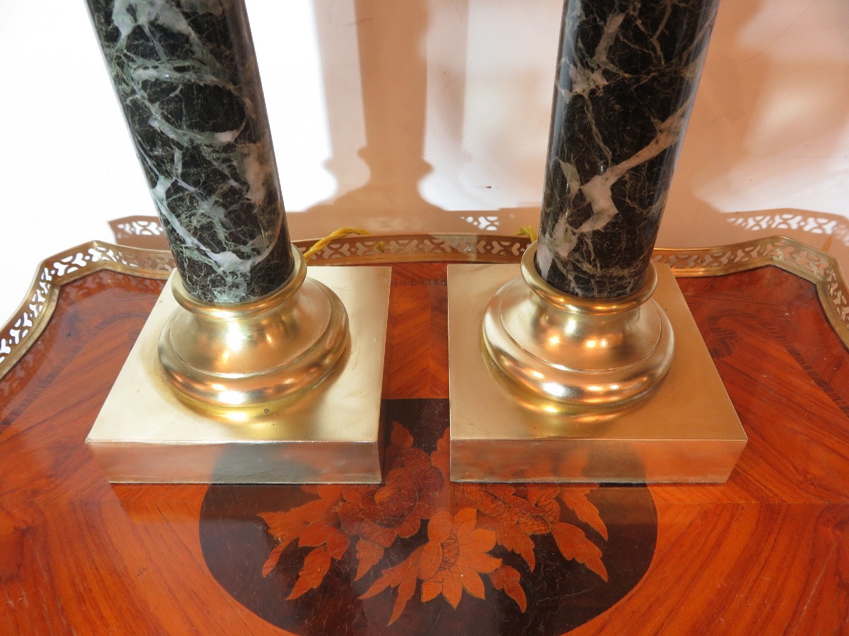 Pair Of Lamps: Cylindrical Marble Column, Bronze Corinthian Capital, Brass Base-photo-4