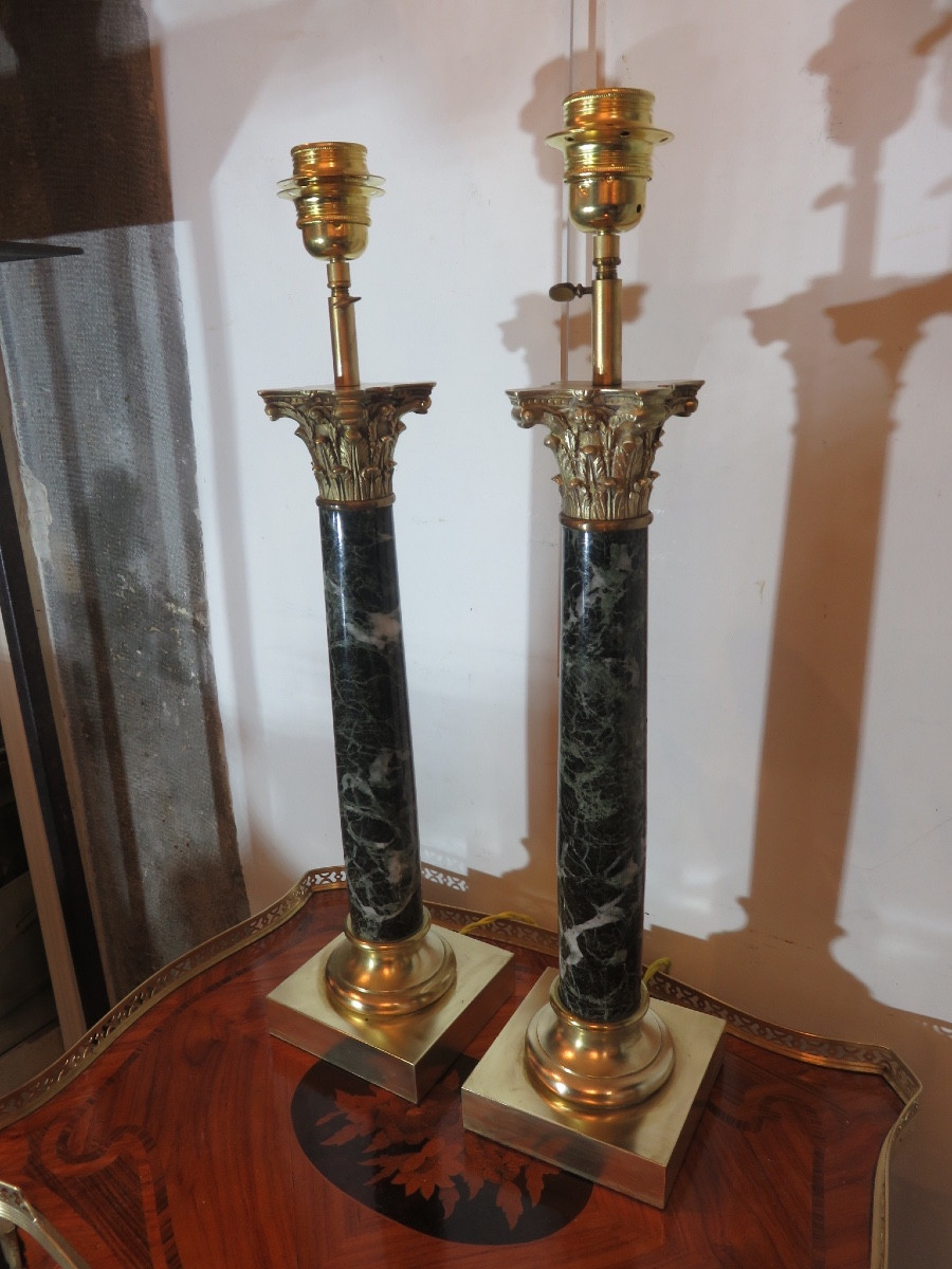 Pair Of Lamps: Cylindrical Marble Column, Bronze Corinthian Capital, Brass Base-photo-1