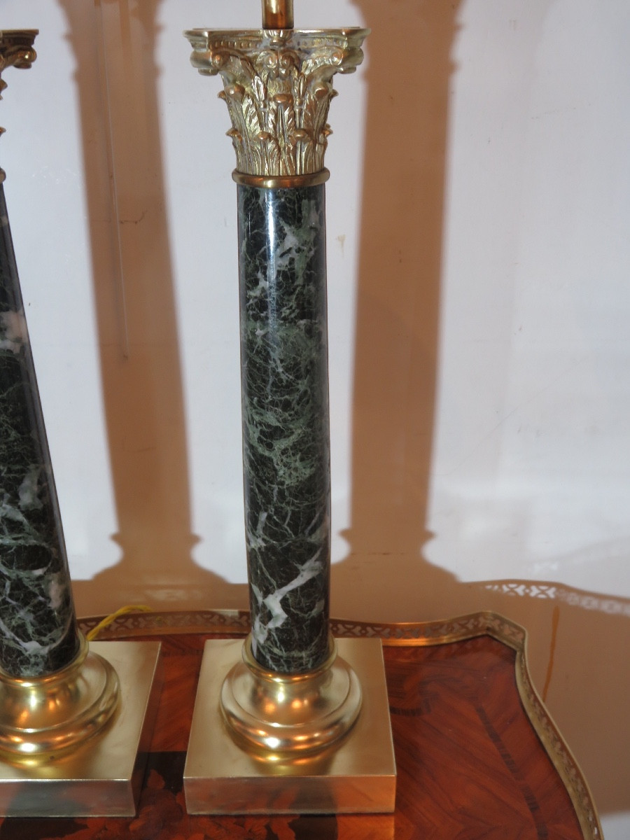 Pair Of Lamps: Cylindrical Marble Column, Bronze Corinthian Capital, Brass Base-photo-2