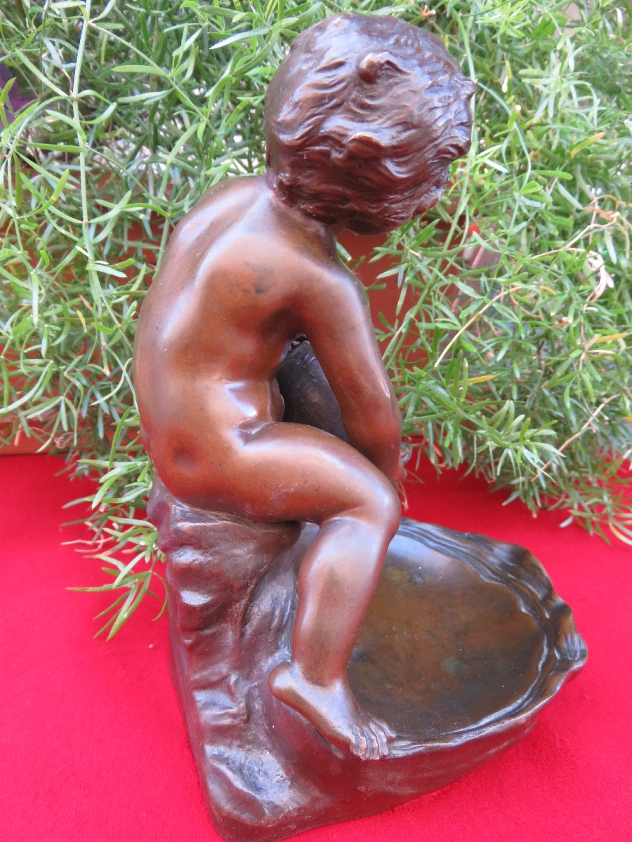 Louis &François Moreau ( XIX - XX )bronze : coupe polylobée d'un enfant sur une coquille -photo-2