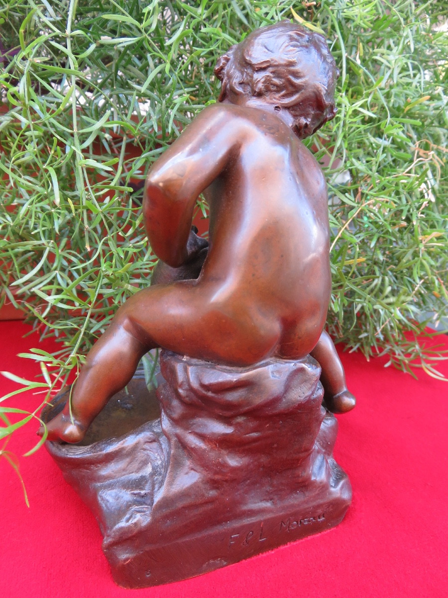 Louis &François Moreau ( XIX - XX )bronze : coupe polylobée d'un enfant sur une coquille -photo-3