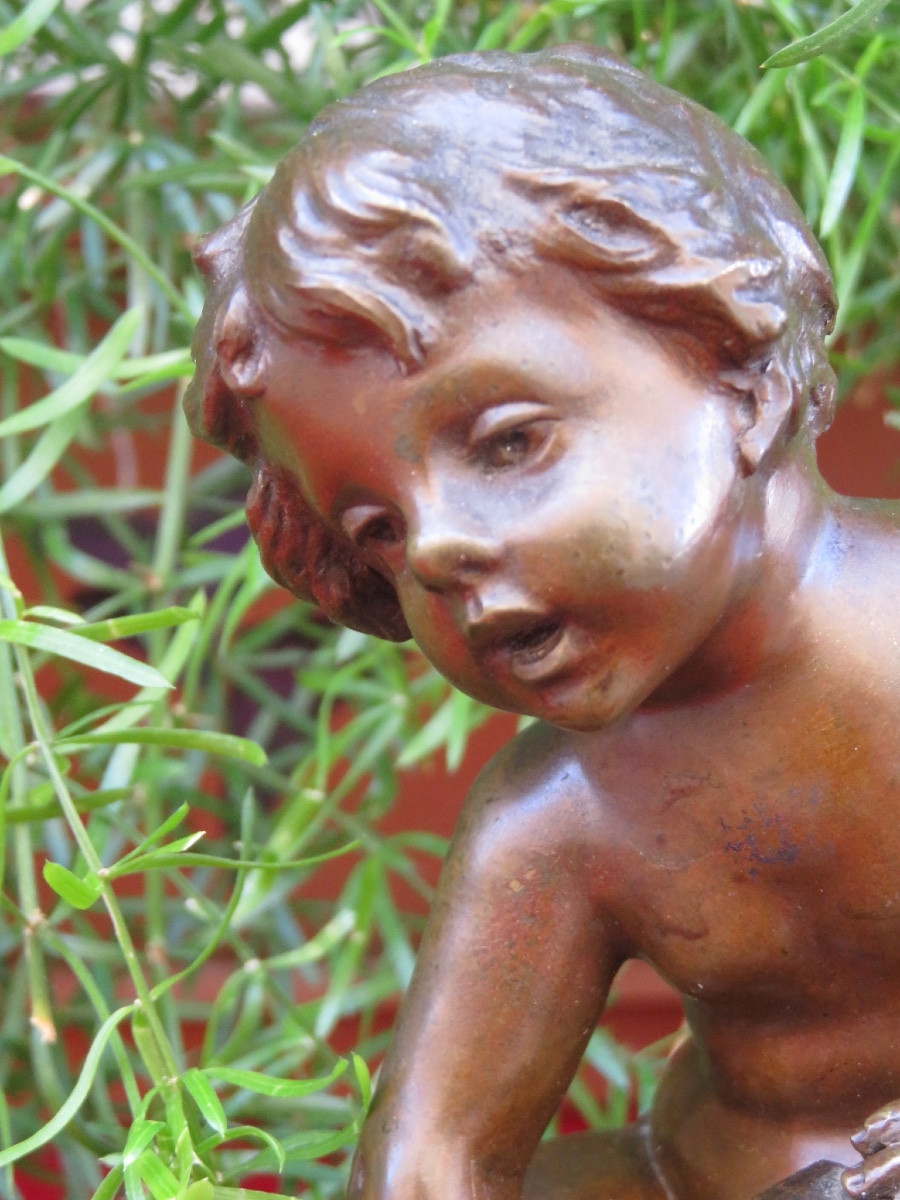 Louis &François Moreau ( XIX - XX )bronze : coupe polylobée d'un enfant sur une coquille -photo-1