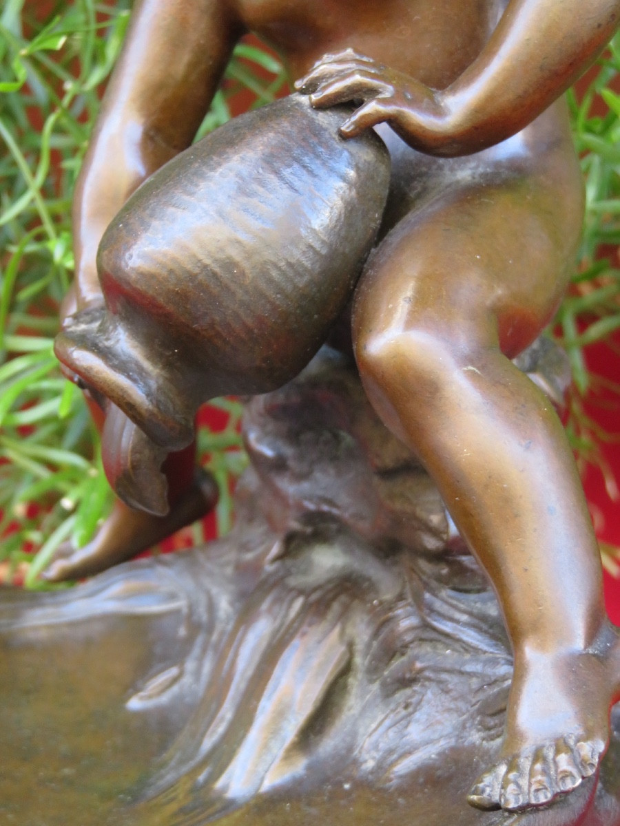 Louis &François Moreau ( XIX - XX )bronze : coupe polylobée d'un enfant sur une coquille -photo-3