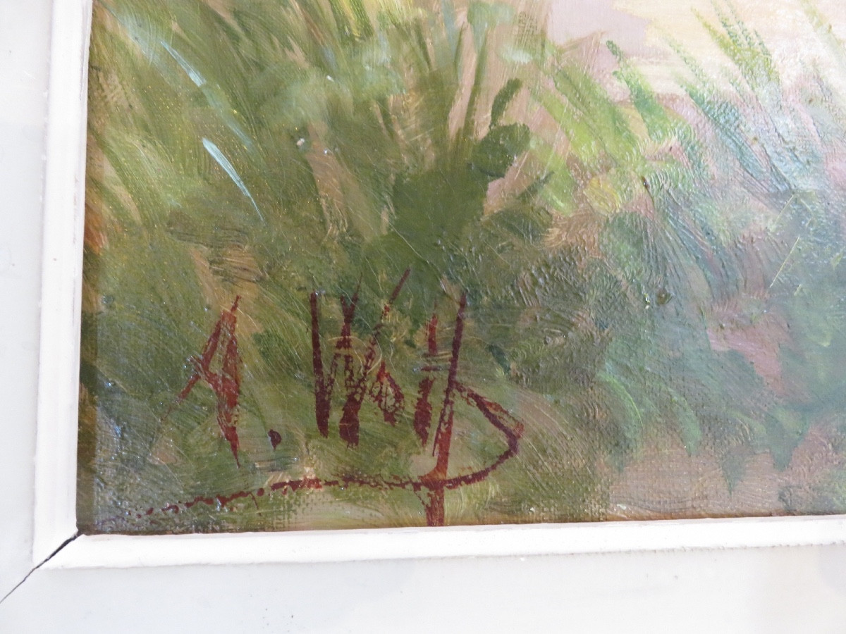 Andéol Marie Wolf (1859- 1932 ) huile sur toile signée , jetée de fleurs dans un panier -photo-3