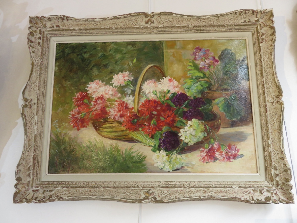 Andéol Marie Wolf (1859- 1932 ) huile sur toile signée , jetée de fleurs dans un panier 