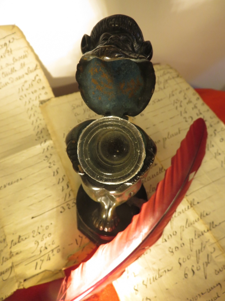 Inkwell In The Shape Of A Gnome, In Bronze, Marble Base-photo-3