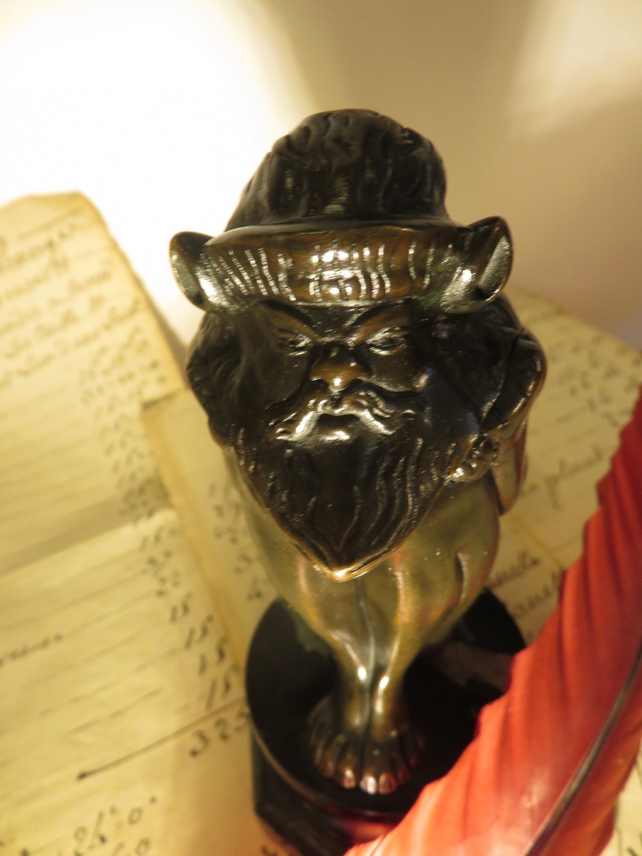 Inkwell In The Shape Of A Gnome, In Bronze, Marble Base-photo-4