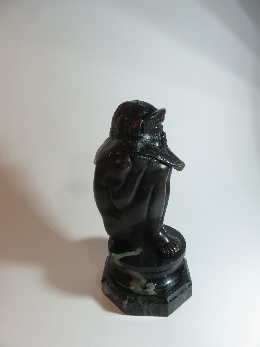 Inkwell In The Shape Of A Gnome, In Bronze, Marble Base-photo-2