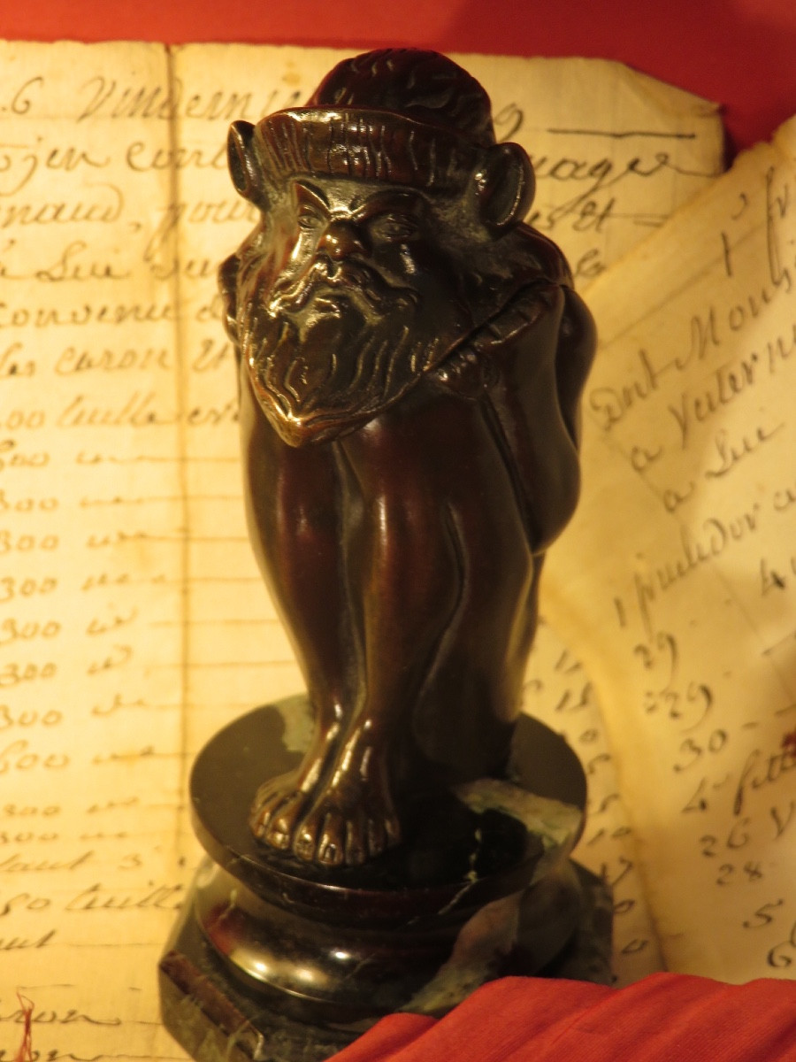 Inkwell In The Shape Of A Gnome, In Bronze, Marble Base-photo-4