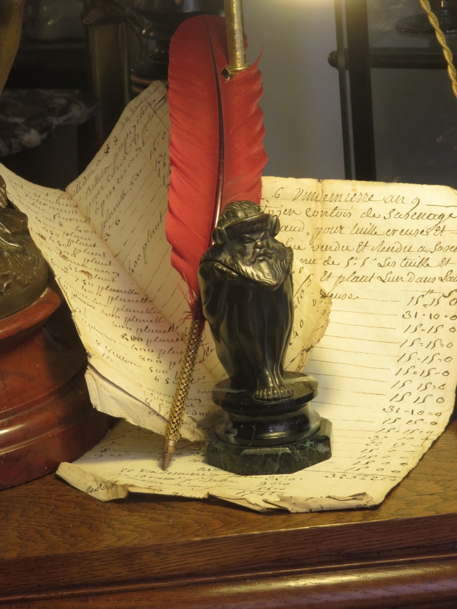 Inkwell In The Shape Of A Gnome, In Bronze, Marble Base-photo-6