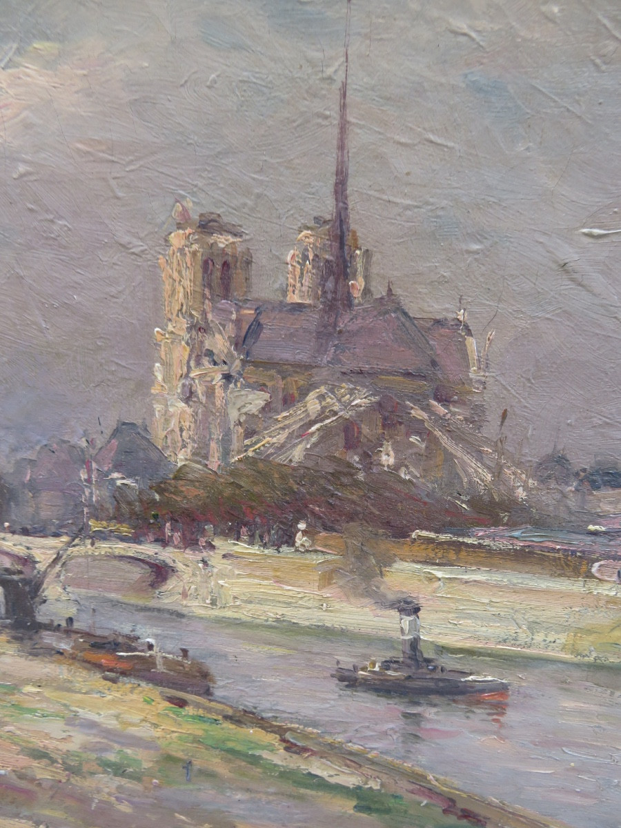Tableau huile sur toile : Les bords de Seine et la cathédrale Notre Dame ,signé , XIX ème -photo-2