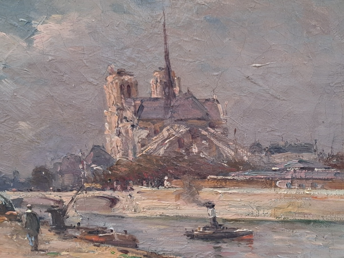 Tableau huile sur toile : Les bords de Seine et la cathédrale Notre Dame ,signé , XIX ème -photo-3