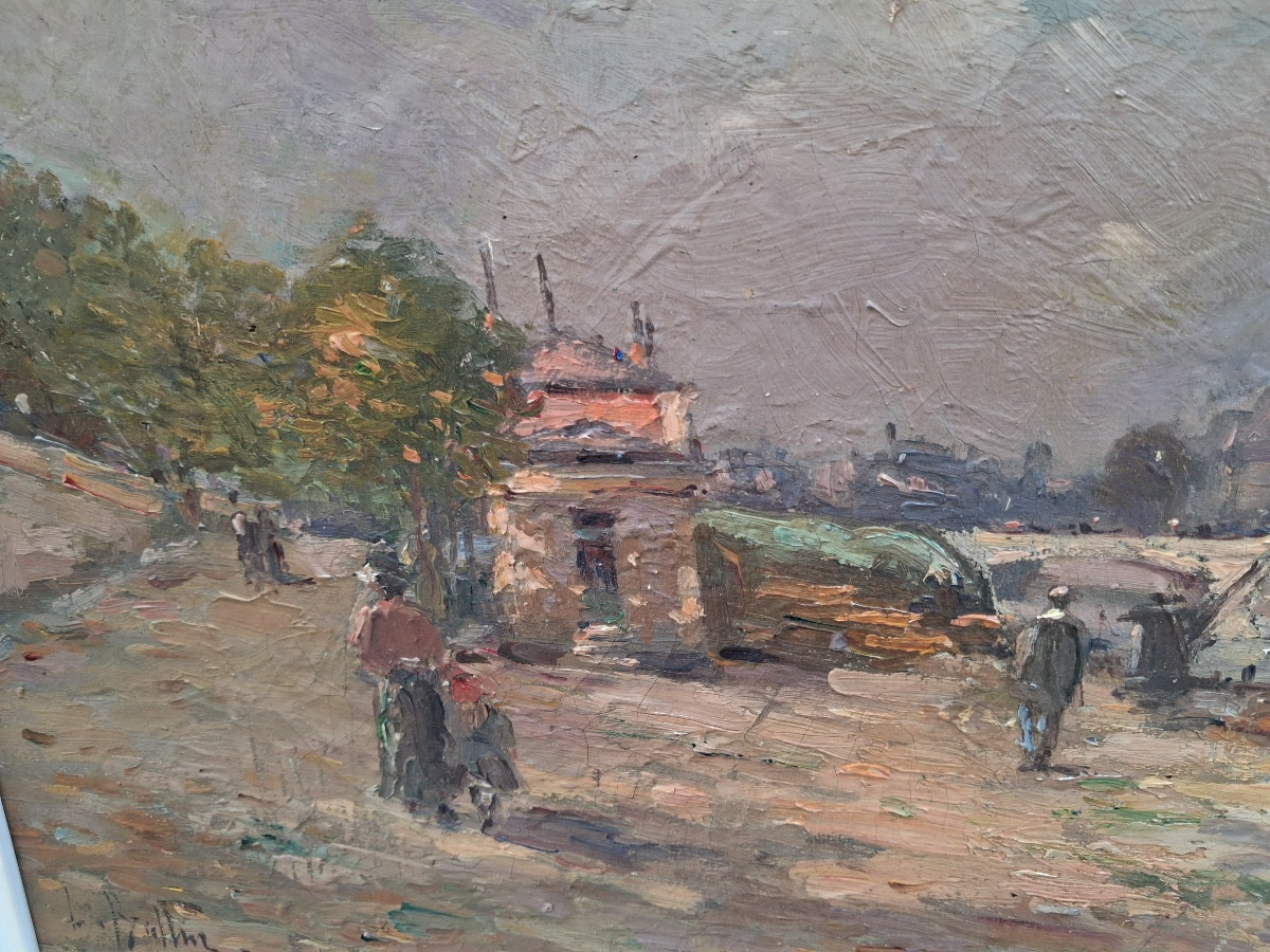 Tableau huile sur toile : Les bords de Seine et la cathédrale Notre Dame ,signé , XIX ème -photo-4