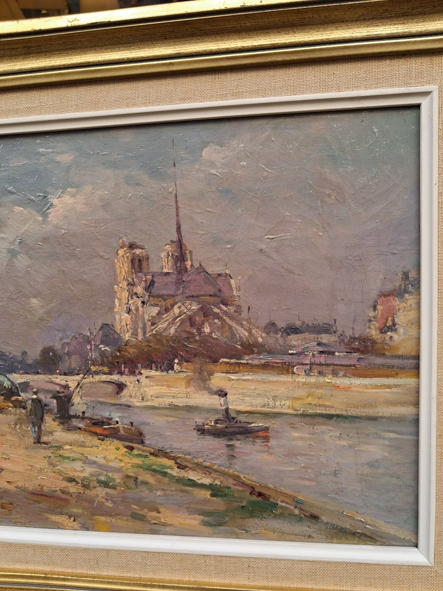 Tableau huile sur toile : Les bords de Seine et la cathédrale Notre Dame ,signé , XIX ème -photo-5