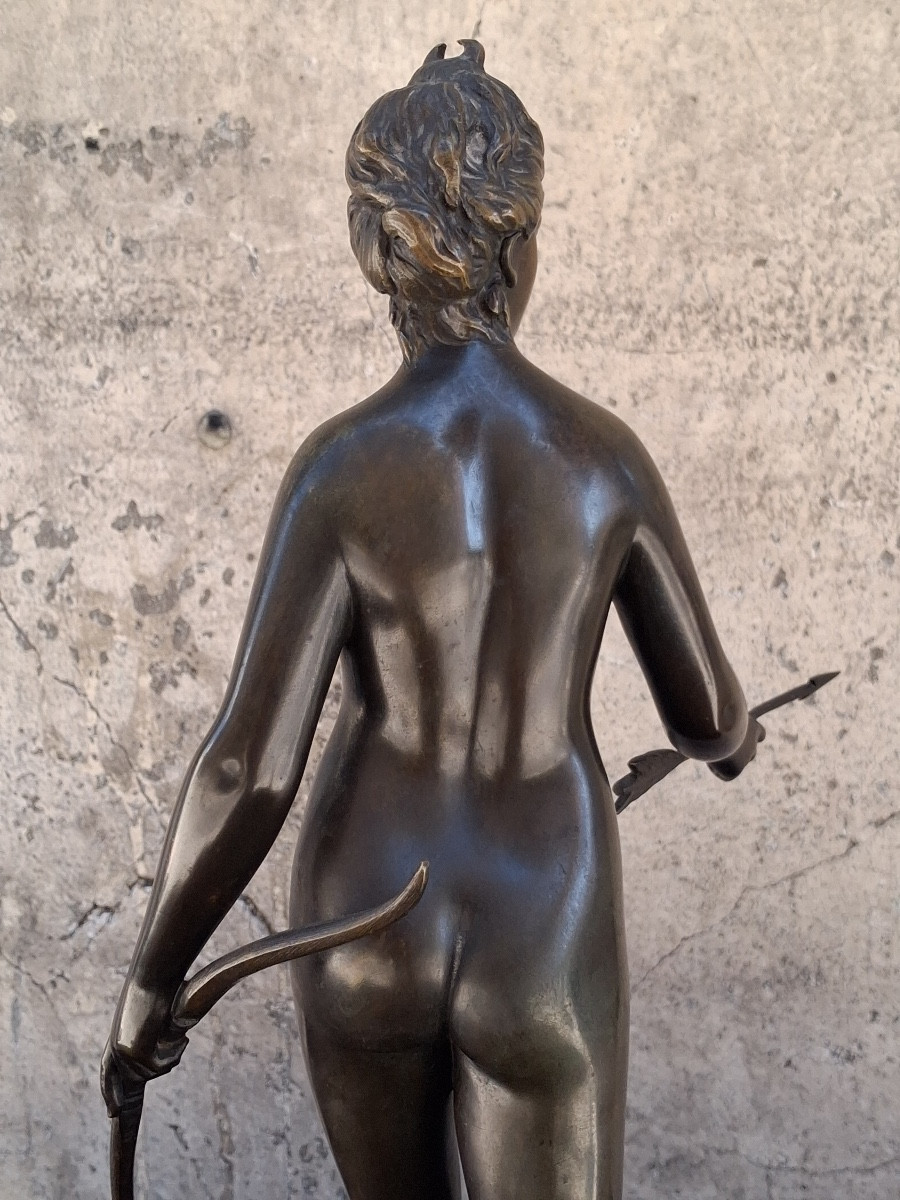 Bronze Sculpture: Diana The Huntress After Houdon, Complete With Her Bow And Arrow, 19th Century -photo-3