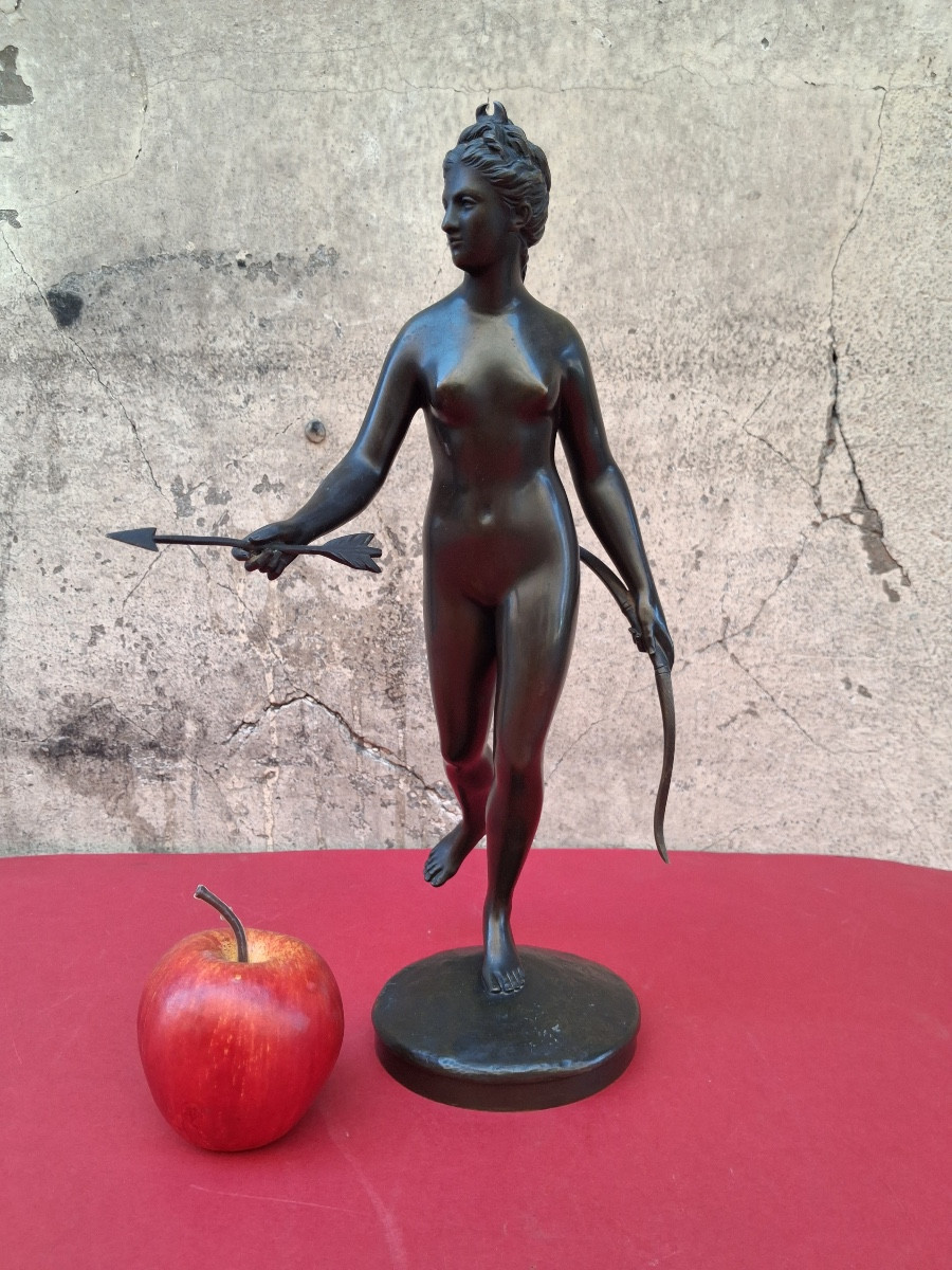 Bronze Sculpture: Diana The Huntress After Houdon, Complete With Her Bow And Arrow, 19th Century -photo-2