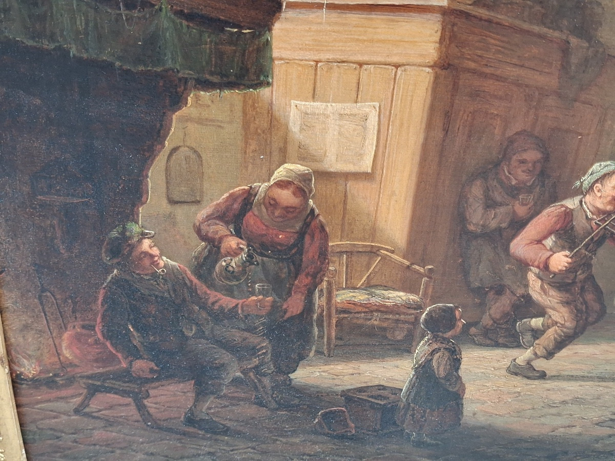 Tableau huile sur panneau , scène de taverne , école hollandaise ,XIX ème-photo-3