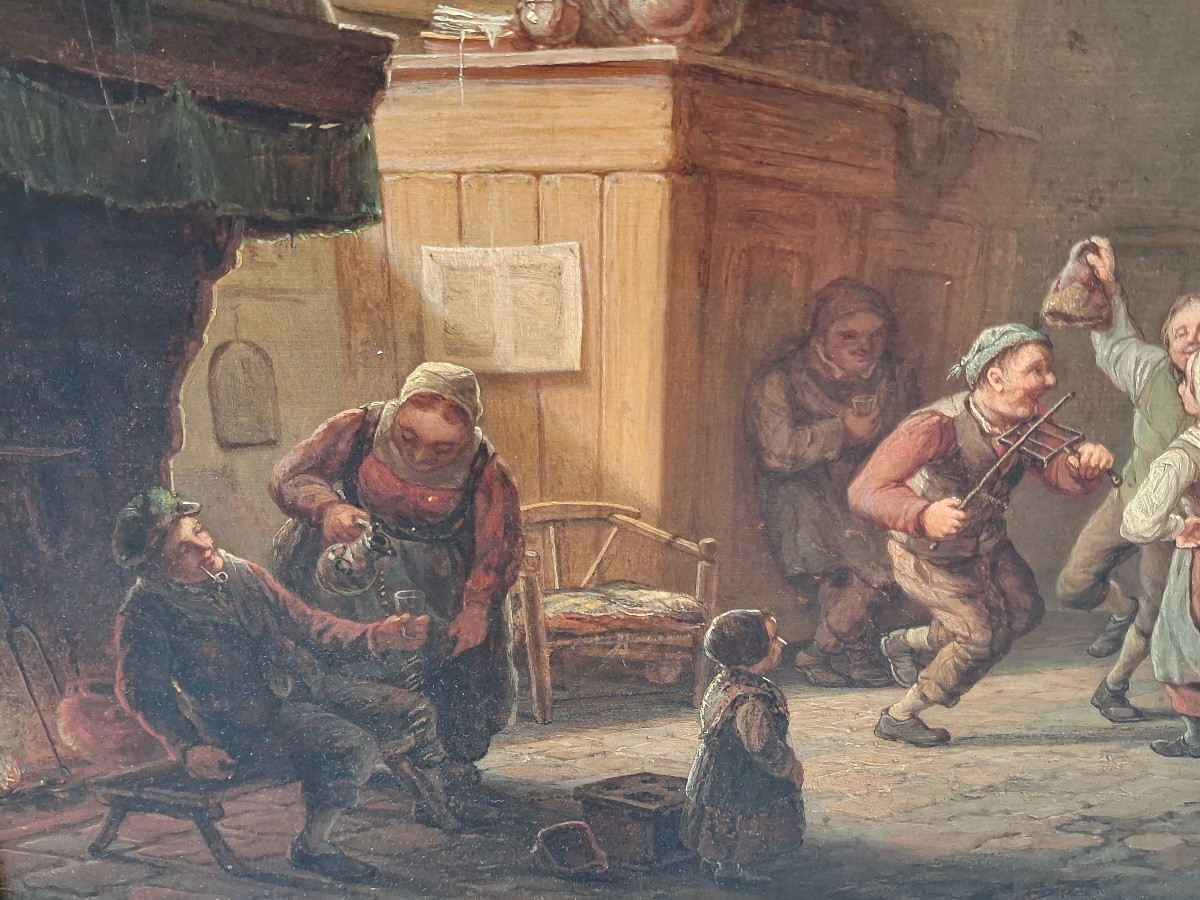Tableau huile sur panneau , scène de taverne , école hollandaise ,XIX ème-photo-6