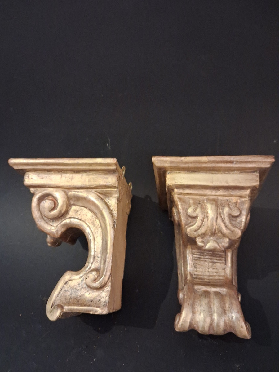 Pair Of Small Wall Consoles With Scrolls, In Carved Gilded Wood, 19th Century-photo-2