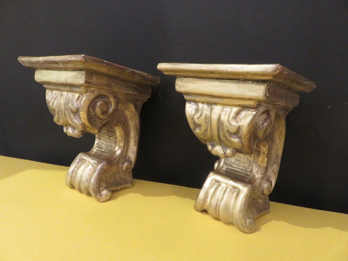 Pair Of Small Wall Consoles With Scrolls, In Carved Gilded Wood, 19th Century-photo-2
