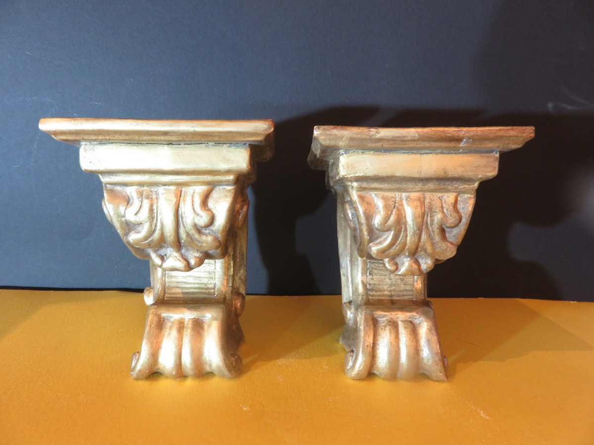 Pair Of Small Wall Consoles With Scrolls, In Carved Gilded Wood, 19th Century-photo-3