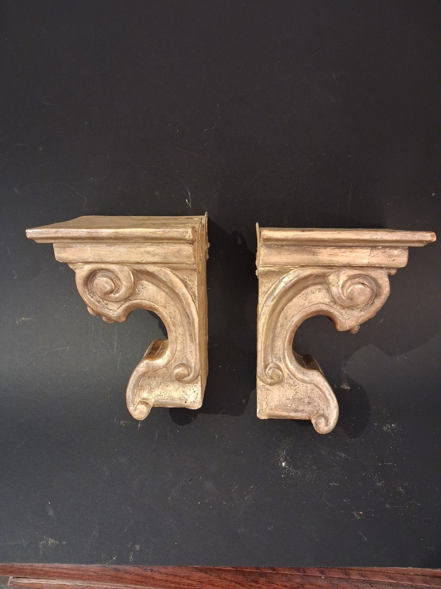Pair Of Small Wall Consoles With Scrolls, In Carved Gilded Wood, 19th Century-photo-4