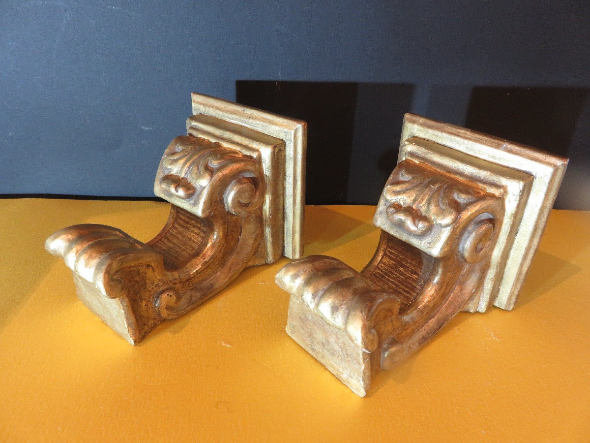 Pair Of Small Wall Consoles With Scrolls, In Carved Gilded Wood, 19th Century-photo-5