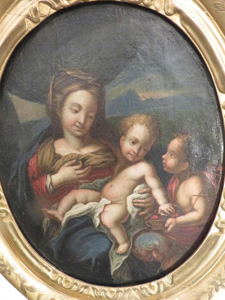 Peinture religieuse La Vierge à L'Enfant et Saint jean Baptiste XVIII, cadre en bois doré XVIII-photo-2