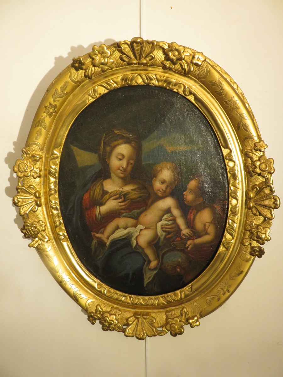 Peinture religieuse La Vierge à L'Enfant et Saint jean Baptiste XVIII, cadre en bois doré XVIII-photo-2
