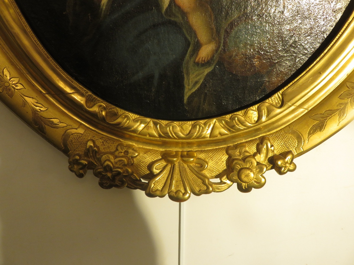 Peinture religieuse La Vierge à L'Enfant et Saint jean Baptiste XVIII, cadre en bois doré XVIII-photo-3
