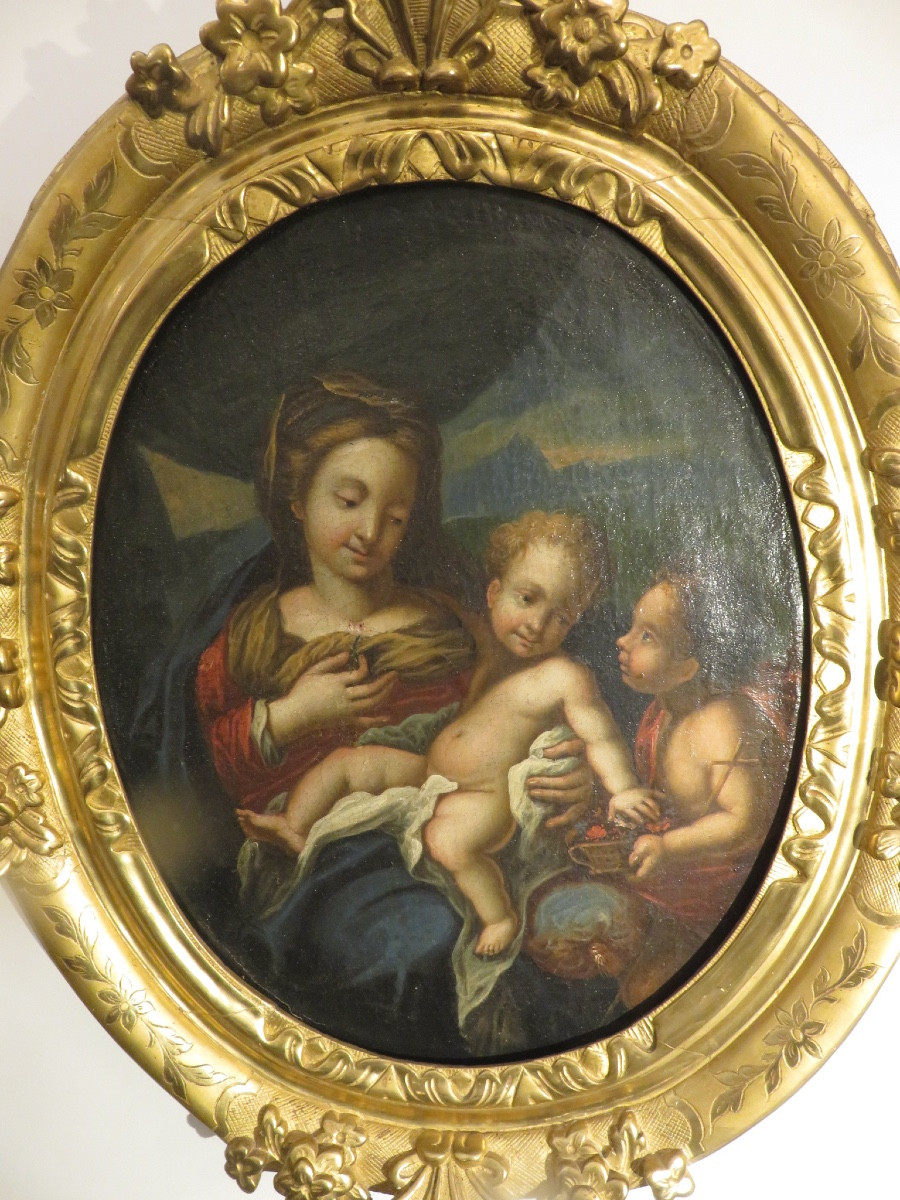 Peinture religieuse La Vierge à L'Enfant et Saint jean Baptiste XVIII, cadre en bois doré XVIII-photo-6