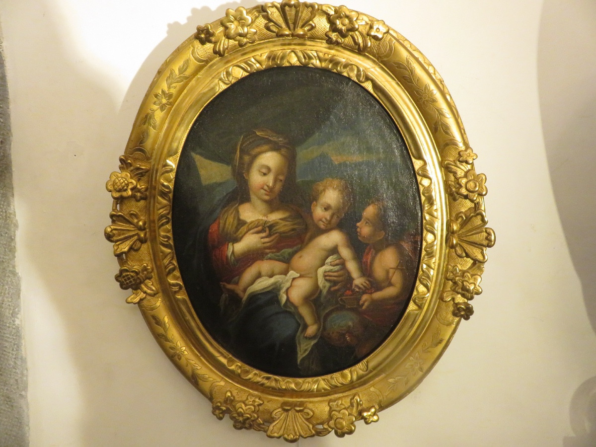 Peinture religieuse La Vierge à L'Enfant et Saint jean Baptiste XVIII, cadre en bois doré XVIII