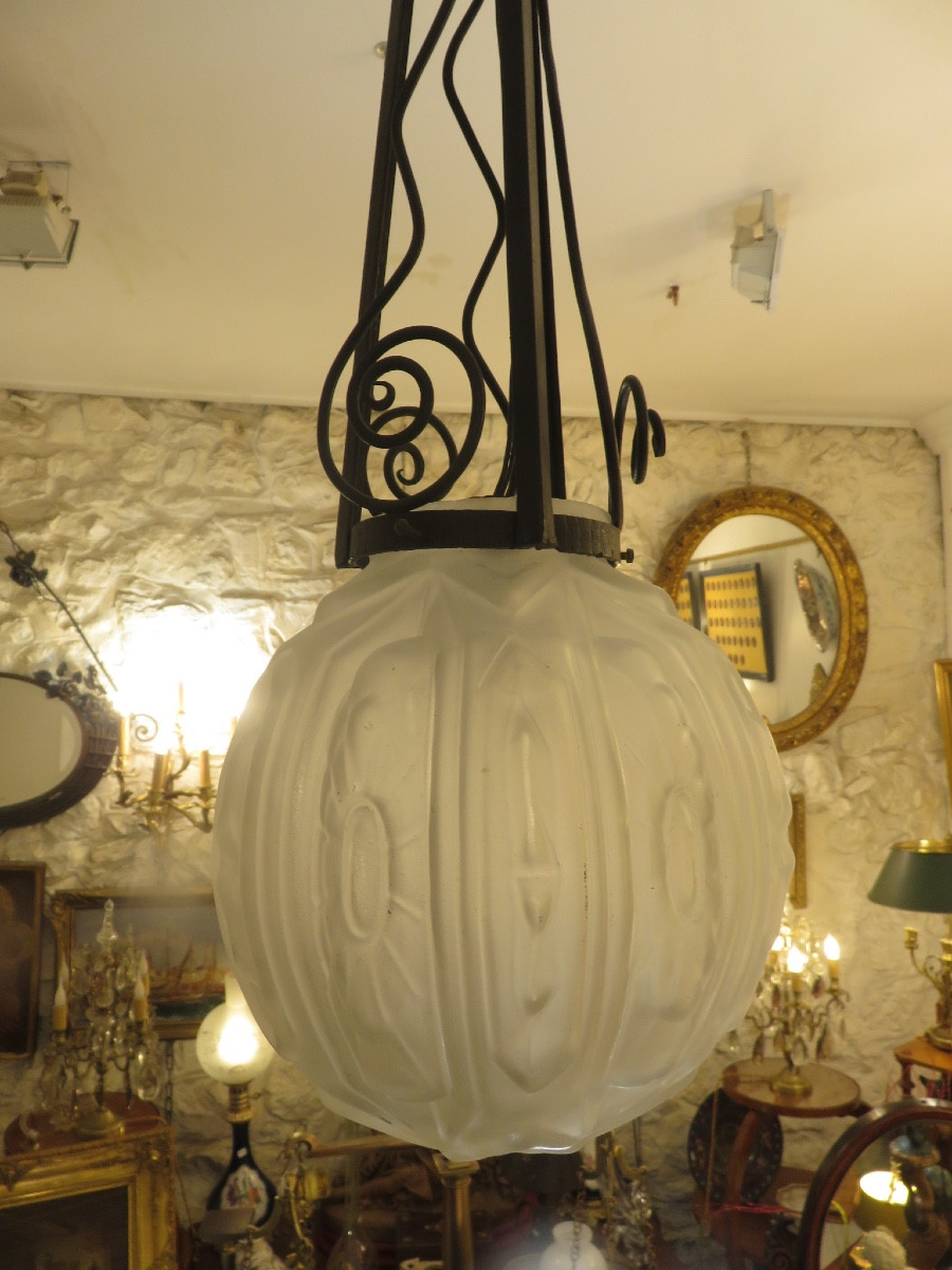 Chandelier, Suspension, Wrought Iron, Pressed Glass Ball, Art Deco Period -photo-4