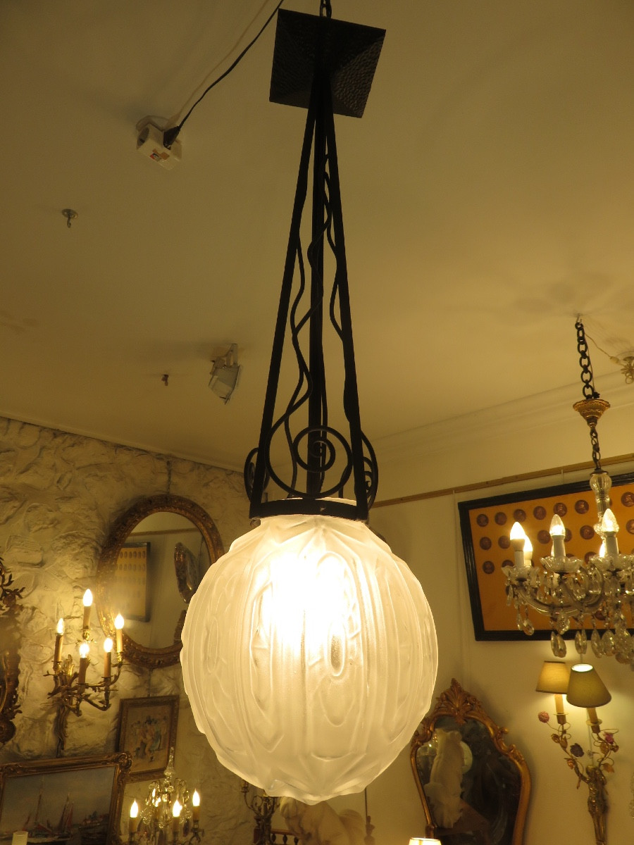 Chandelier, Suspension, Wrought Iron, Pressed Glass Ball, Art Deco Period 