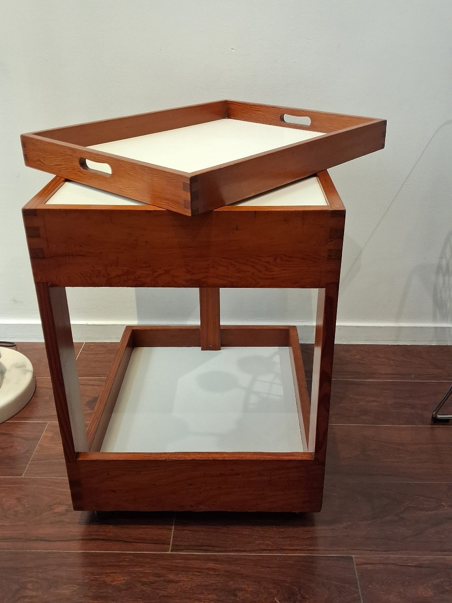 Table desserte roulante à plateau de service amovible ,en bois et en mélaniné blanc années 1960