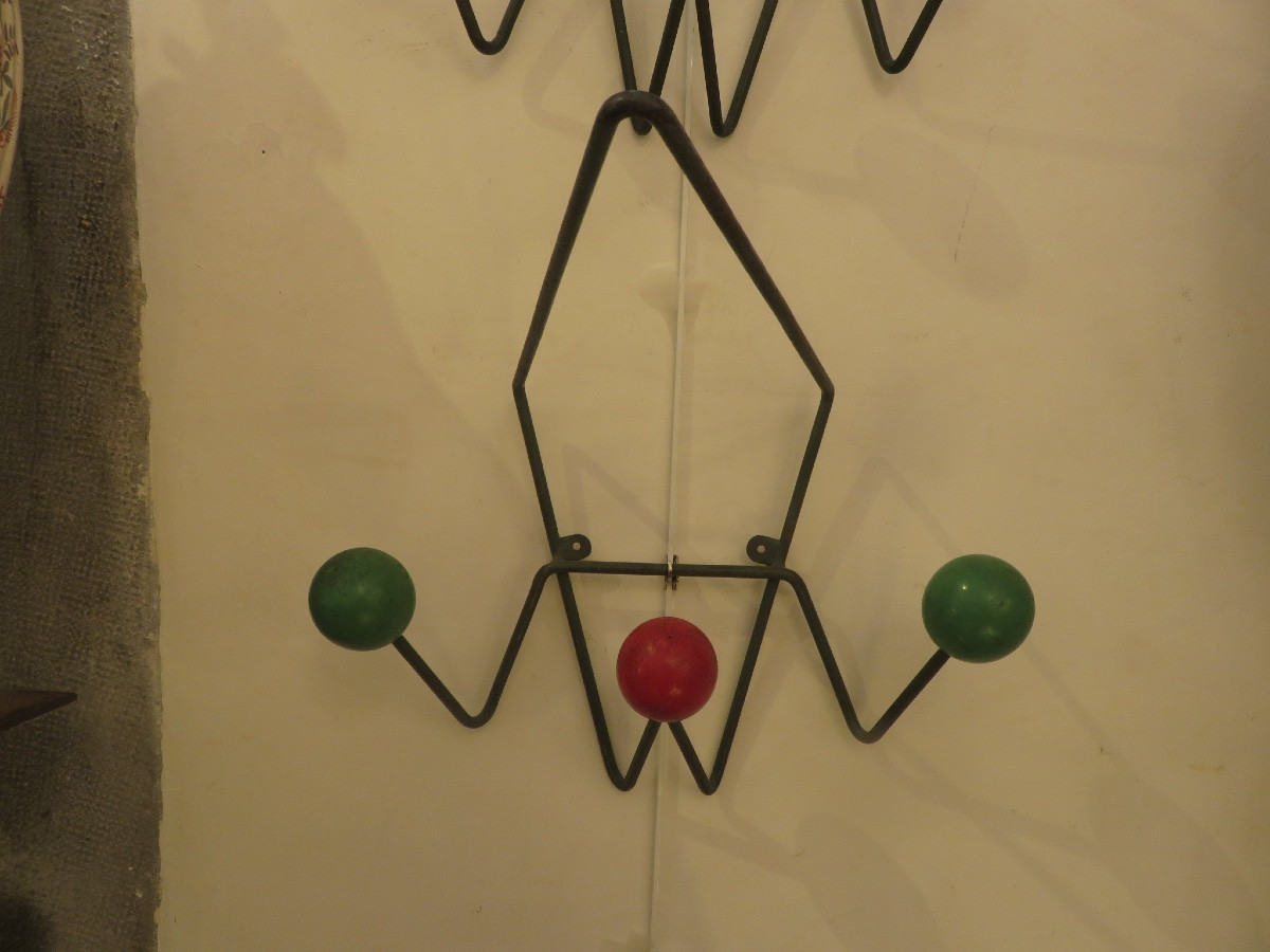 Pair Of Wall-mounted Coat Racks, In Metal And Wooden Balls, 1960s, Attributed To Roger Feraud-photo-1