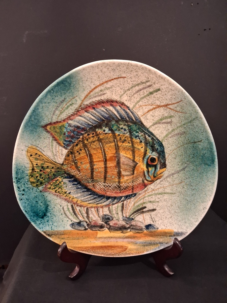 Four Earthenware Plates With Enamelled Fish Decoration Signed L.dagueneau 20th Century-photo-2