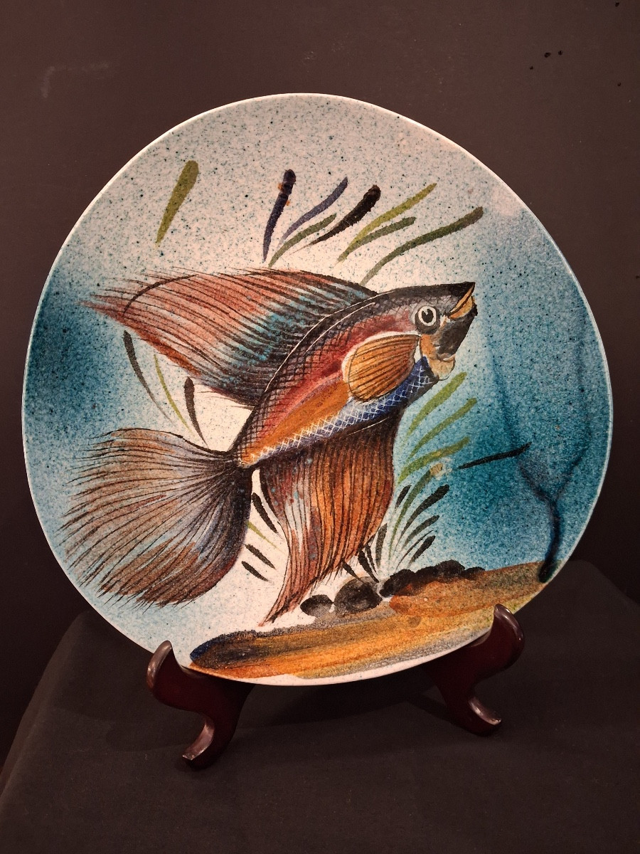 Four Earthenware Plates With Enamelled Fish Decoration Signed L.dagueneau 20th Century-photo-3