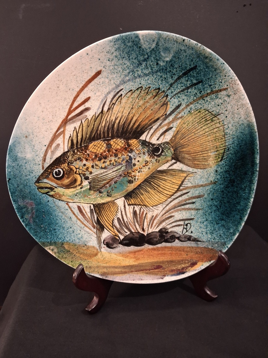 Four Earthenware Plates With Enamelled Fish Decoration Signed L.dagueneau 20th Century-photo-4
