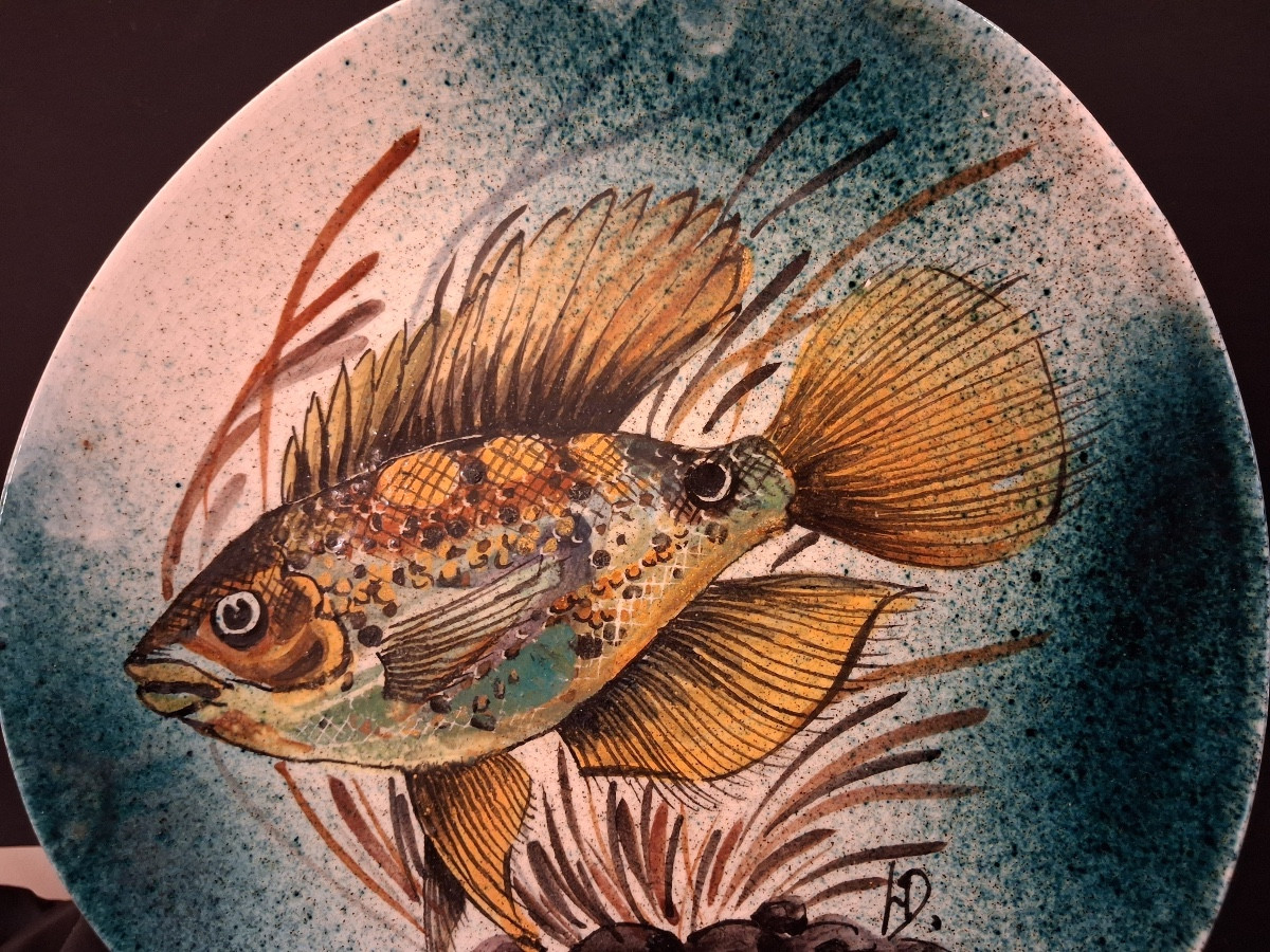 Four Earthenware Plates With Enamelled Fish Decoration Signed L.dagueneau 20th Century-photo-3