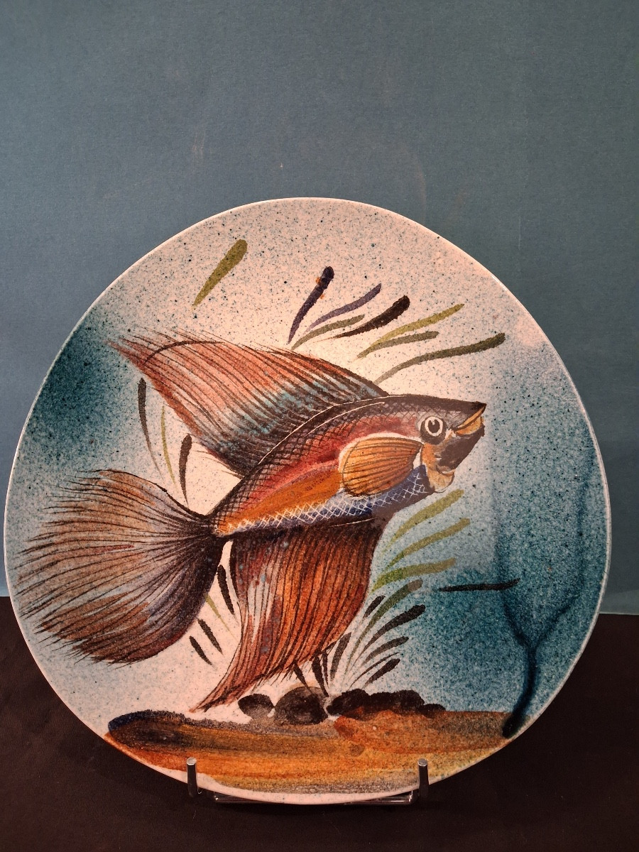 Four Earthenware Plates With Enamelled Fish Decoration Signed L.dagueneau 20th Century-photo-4