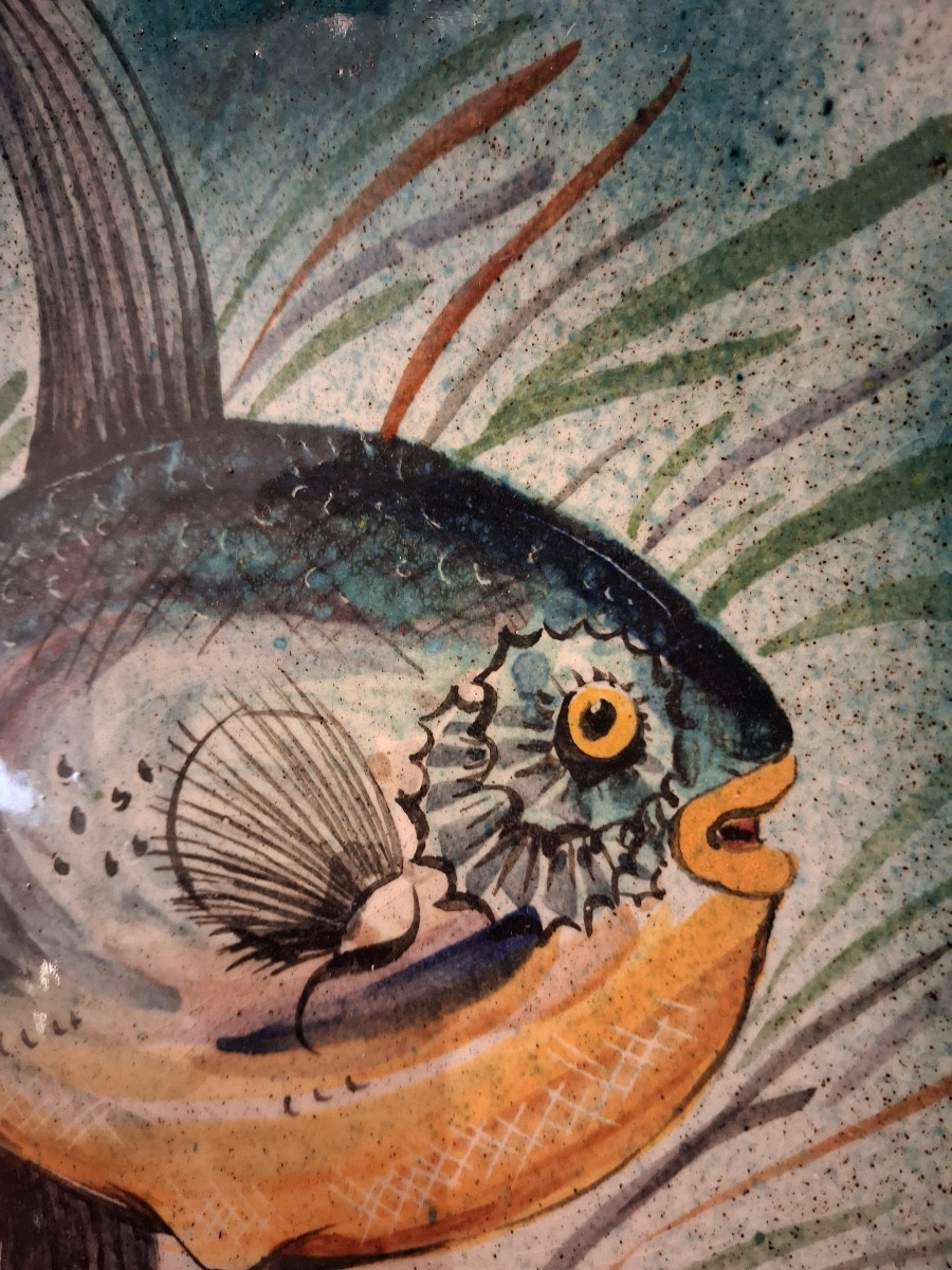 Four Earthenware Plates With Enamelled Fish Decoration Signed L.dagueneau 20th Century-photo-5