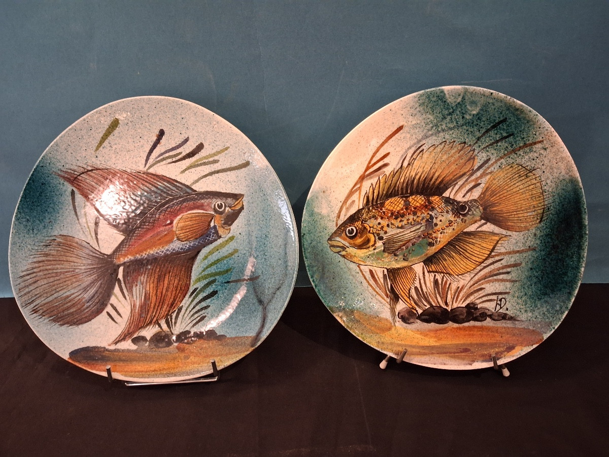 Four Earthenware Plates With Enamelled Fish Decoration Signed L.dagueneau 20th Century-photo-7