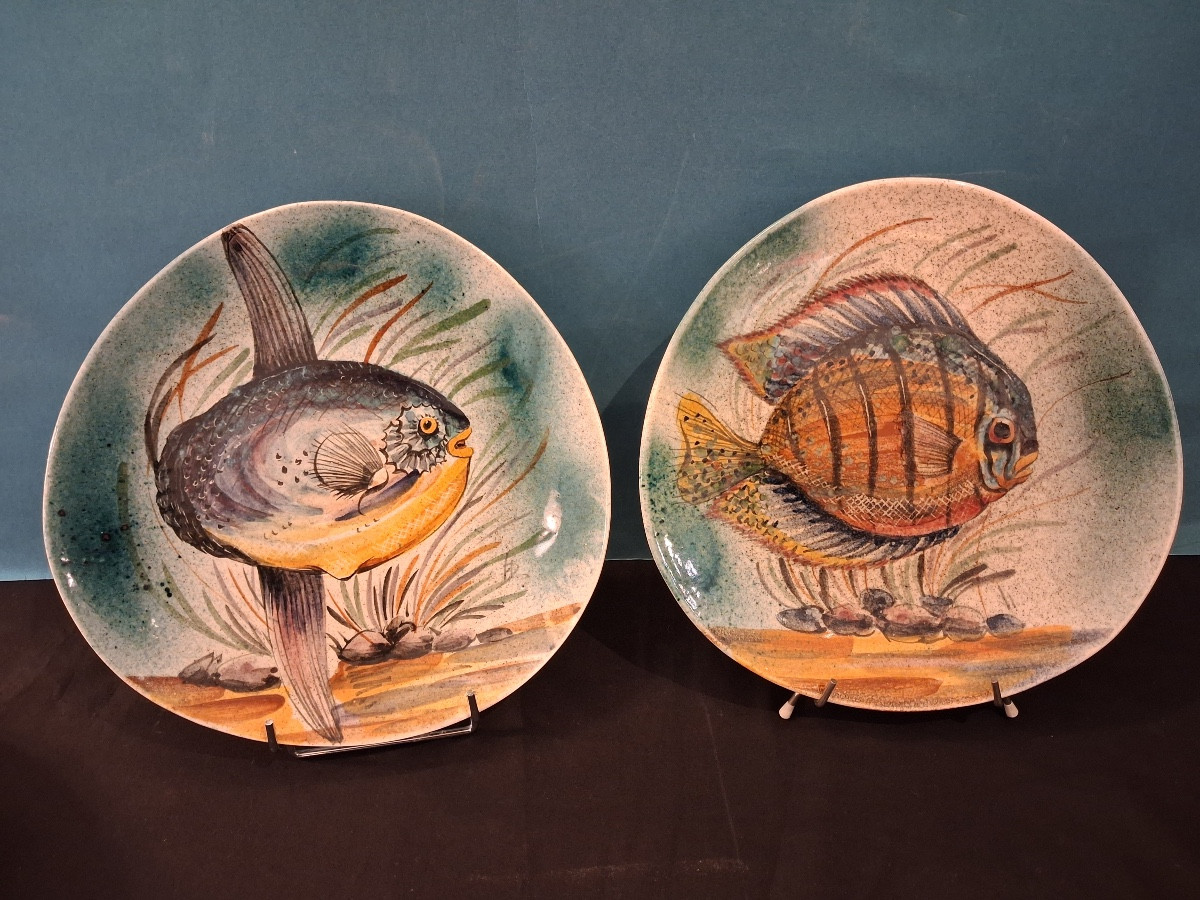 Four Earthenware Plates With Enamelled Fish Decoration Signed L.dagueneau 20th Century-photo-6