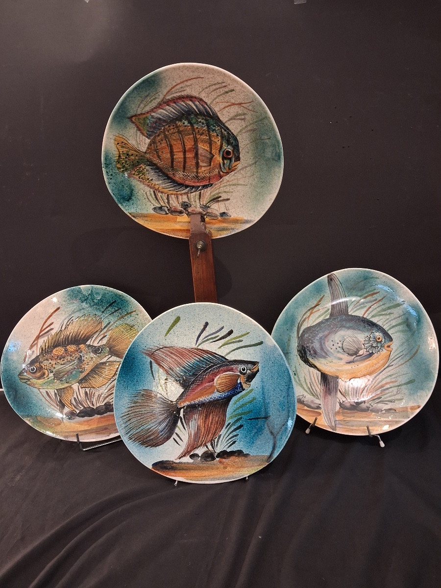 Four Earthenware Plates With Enamelled Fish Decoration Signed L.dagueneau 20th Century