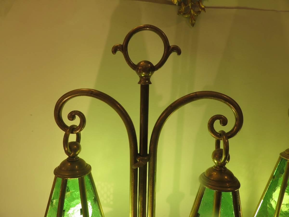 Paire de lampes en laiton et verres bullés et martelés  , à double feux ,  en forme de pagode -photo-3