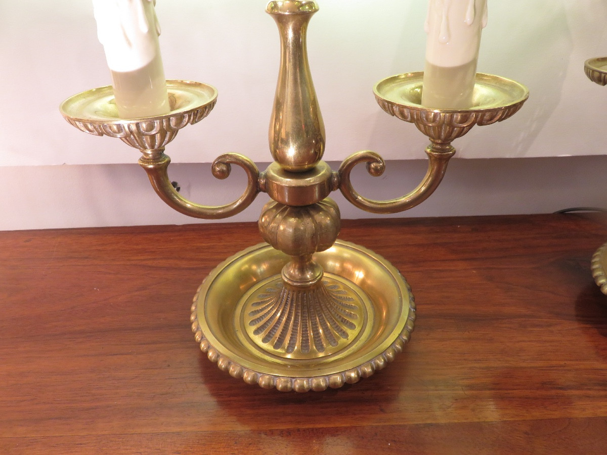 Paire de lampes en laiton et verres bullés et martelés  , à double feux ,  en forme de pagode -photo-4